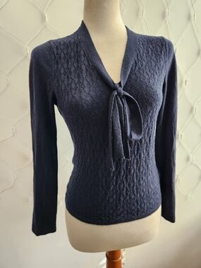 Brooks Brothers Navy Blue Tie-Neck Textured Sweater • Tagged Med (Fits Small)